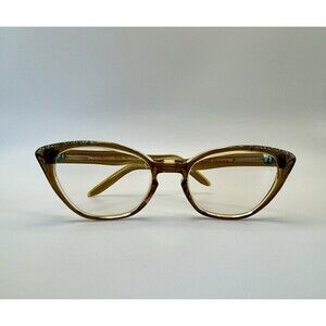 Vintage Swank Eyeglasses Frame France Cat Eye Brown Gold Acetate N Rhinestones